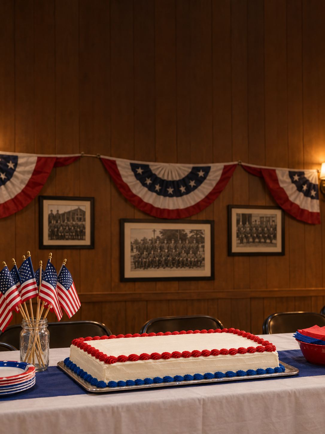 Inside the Post hall: a flag-decorated cake, small American flags, and red, white and blue bunting over framed photos